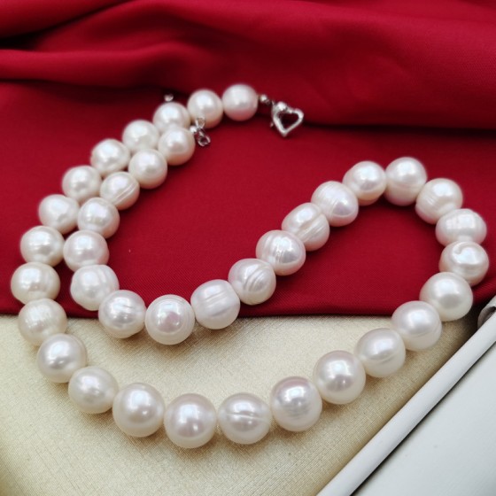 12-13mm Extra Large Particle Pearl Necklace White Natural Freshwater Thread Finished Neckland