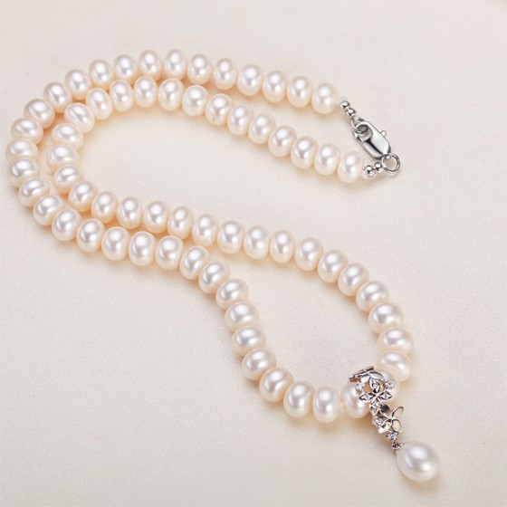 Non nuclear real pearl freshwater 8mm flat round white pearl necklace collarbone chain