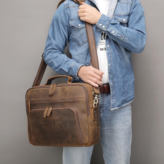 Crazy Horse Cowhide Shoulder Bag, Computer Bag, Large Capacity Crossbody Bag, Genuine Leather Men's Retro briefcase, New Outdoor Travel Backpack, Men's Shoulder Bag, Genuine Leather Men's Bag, Business and Leisure