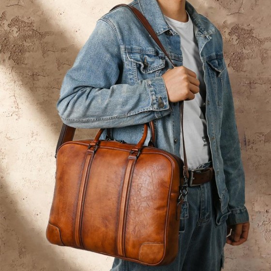 Vintage vegetable tanned leather handmade men's 15 inch horizontal cowhide laptop, business leather high-end briefcase