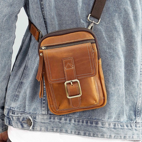 Men's crossbody bag, genuine leather shoulder bag, crazy horse leather outdoor hand-held vertical crossbody bag